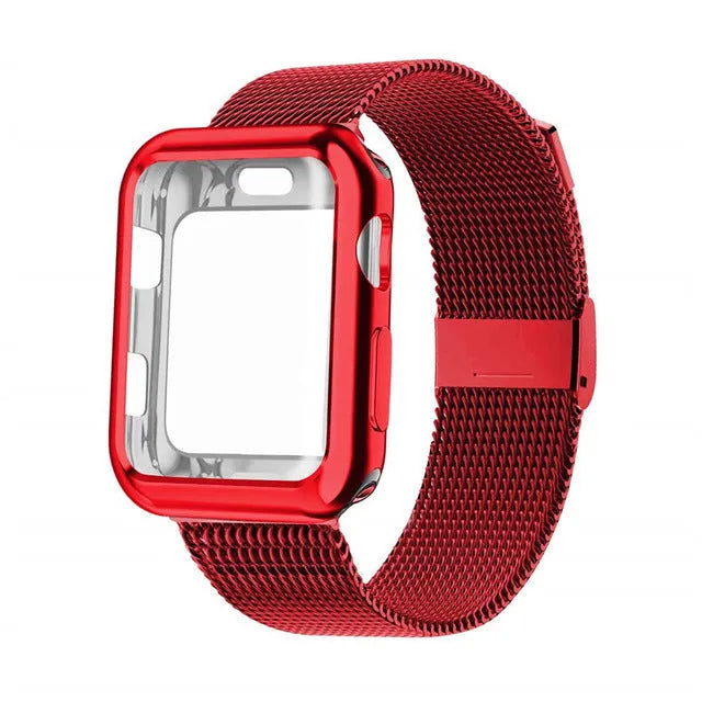 Magnetic metal Milan wristband for Apple Watch on wrist, showing clasp and mesh detail.