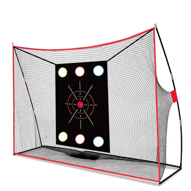 Golf swing wedge training net with three-hole cross design and straw putting mat