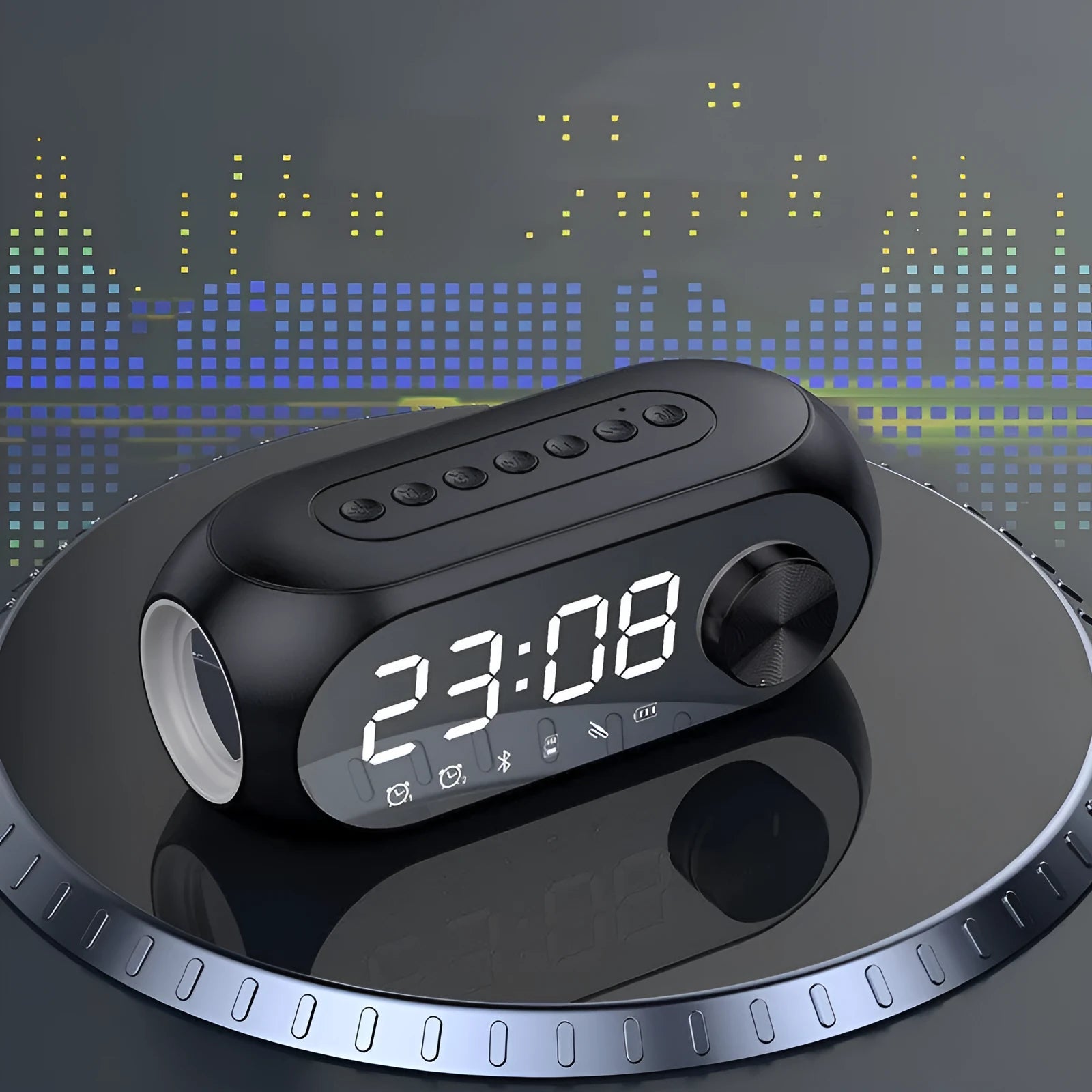Portable USB clock speaker with digital display showing time, extra bass feature and Bluetooth/FM radio functions