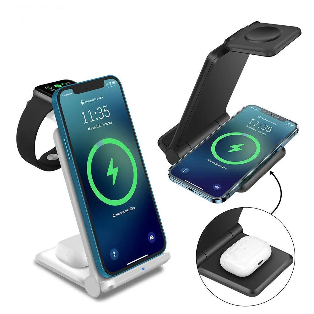 Black or white foldable 3-in-1 wireless charging station for phone, Apple Watch and AirPods