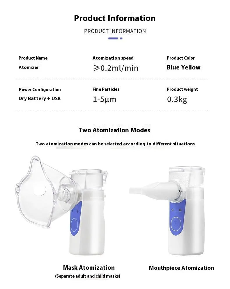 A white columnar handheld USB nebuliser for quiet household drug atomisation.