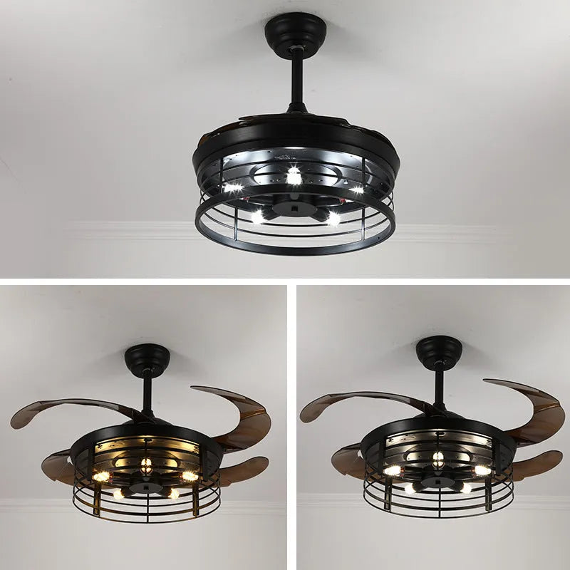 Industrial retro ceiling fan lamp with acrylic blades and integrated light fixture
