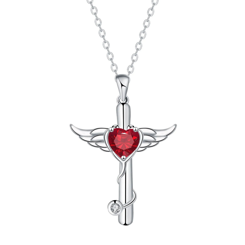 Women's copper wings cross stethoscope necklace with electroplated finish in red diamond colour option