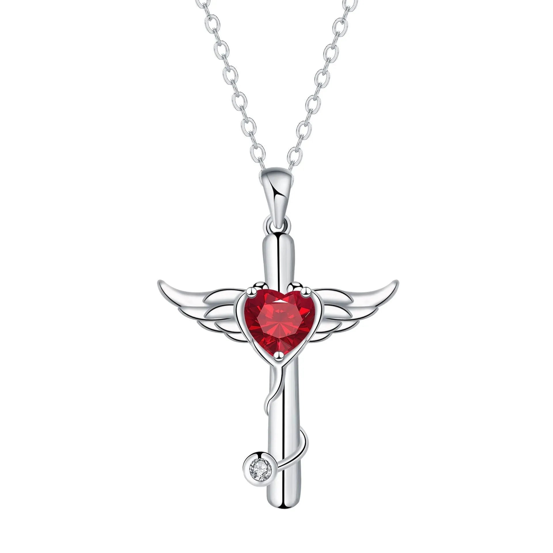 Women's copper wings cross stethoscope necklace with electroplated finish in red diamond colour option