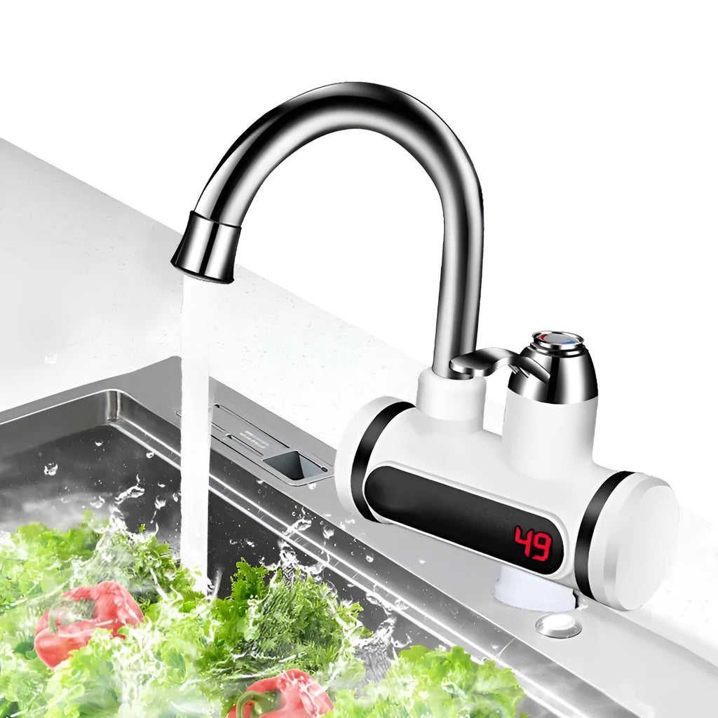 White kitchen electric instant water heater tap with digital temperature display.