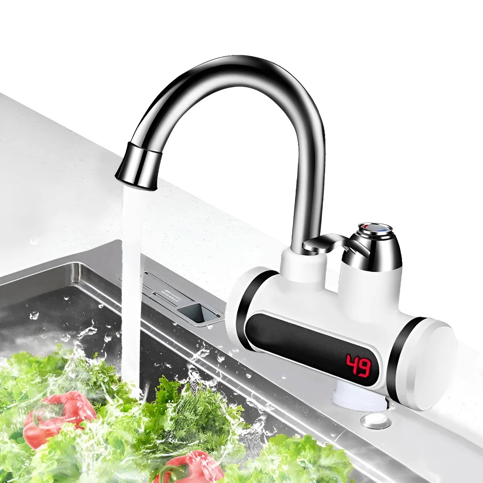 White kitchen electric instant water heater tap with digital temperature display.