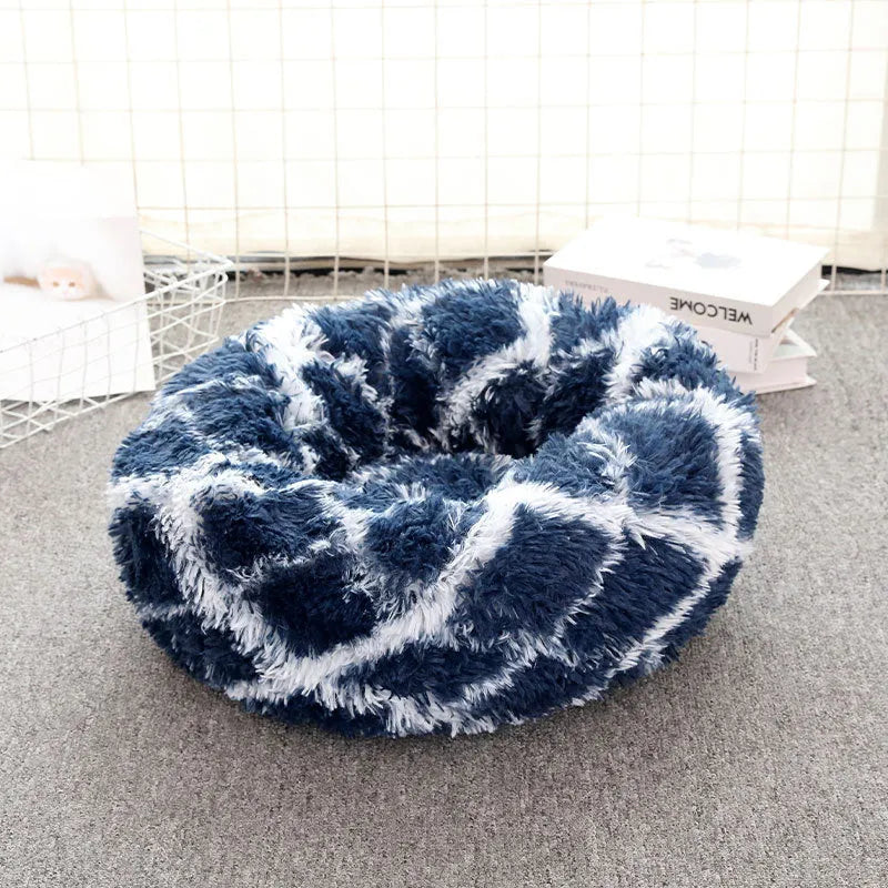 Round plush cloth pet bed for dogs and cats, available in 40cm to 120cm sizes and many colours