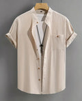 Men's short-sleeved cotton cardigan shirt in solid colour, front view, colour white