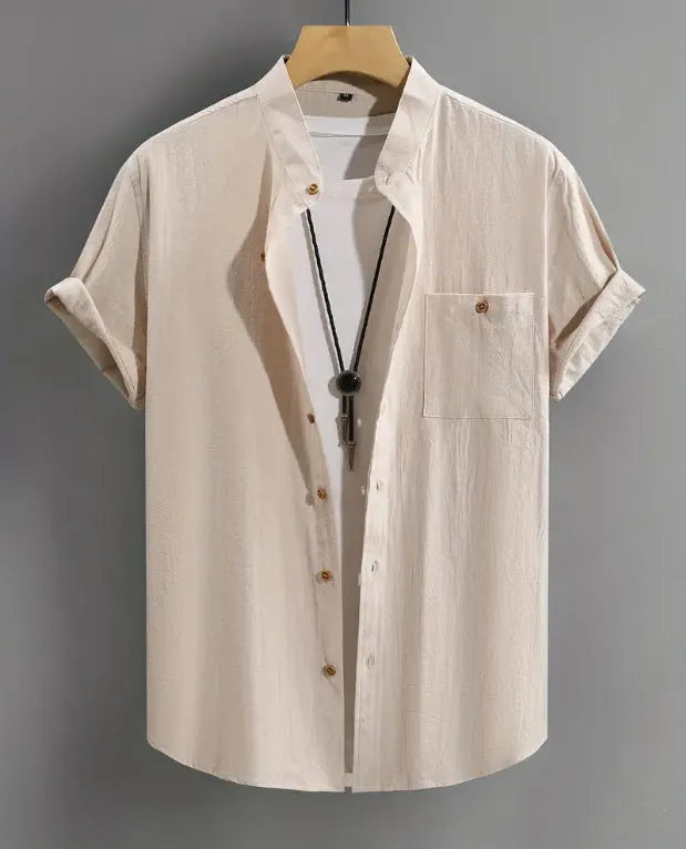 Men's short-sleeved cotton cardigan shirt in solid colour, front view, colour white
