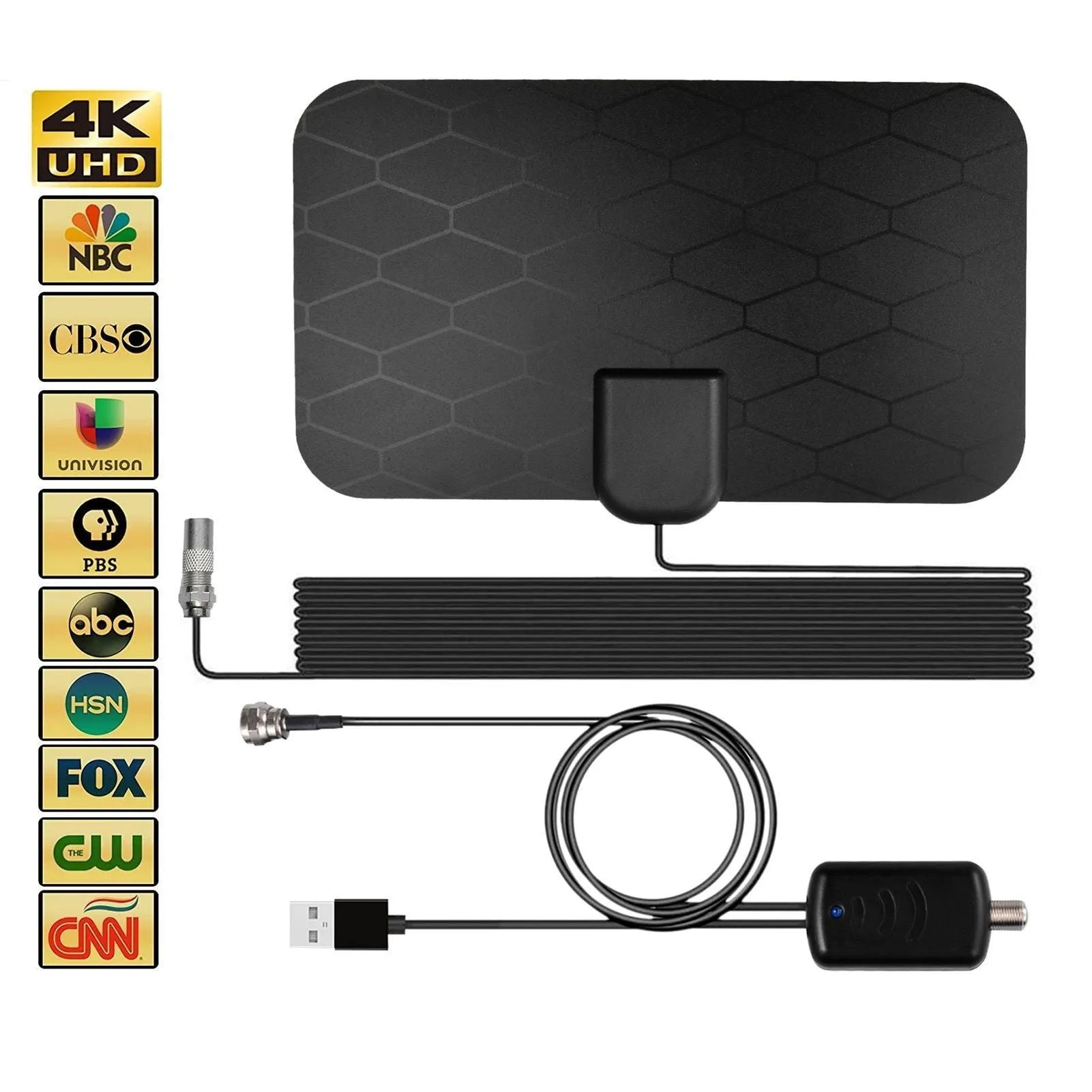 Black HD indoor digital TV antenna with amplifier and 10-foot coaxial cable for 4K free broadcast reception