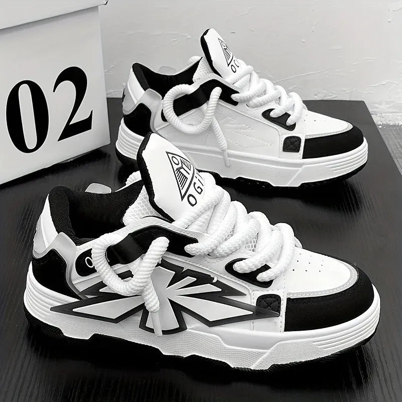 Men's white clunky sneakers with cartoon pattern, synthetic leather upper, rubber sole, and lace-up front.