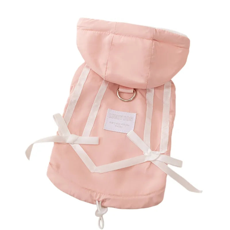 Hooded padded pet vest with bow ties for small cats and dogs, beige and pink, sizes XS to XXL