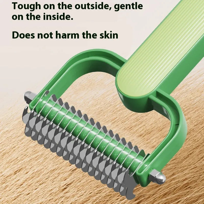 Green and grey dog unknotting comb with stainless steel blade and plastic handle in large and small sizes.