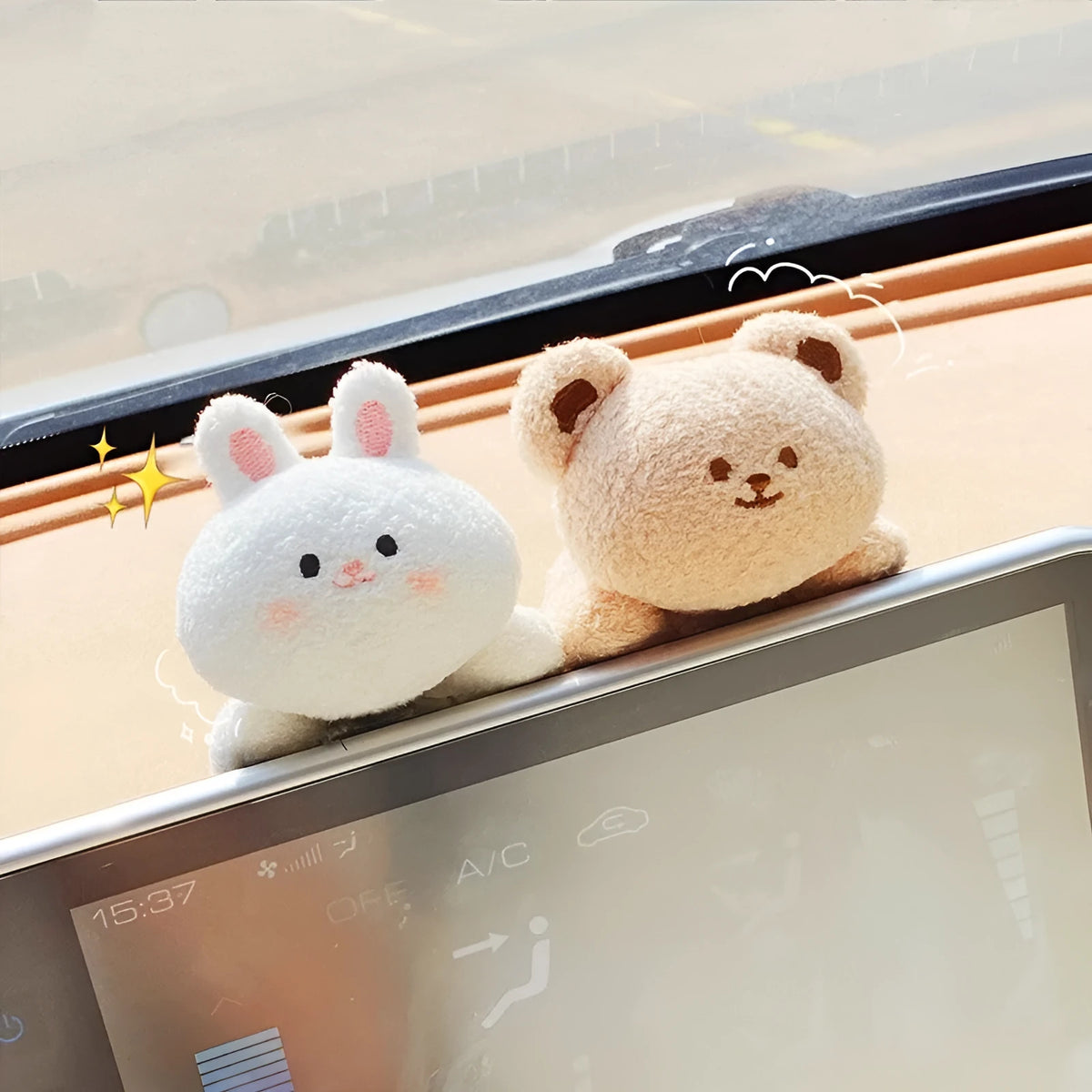 Cute cartoon plush car centre console decoration in fabric with bear or rabbit screen doll option