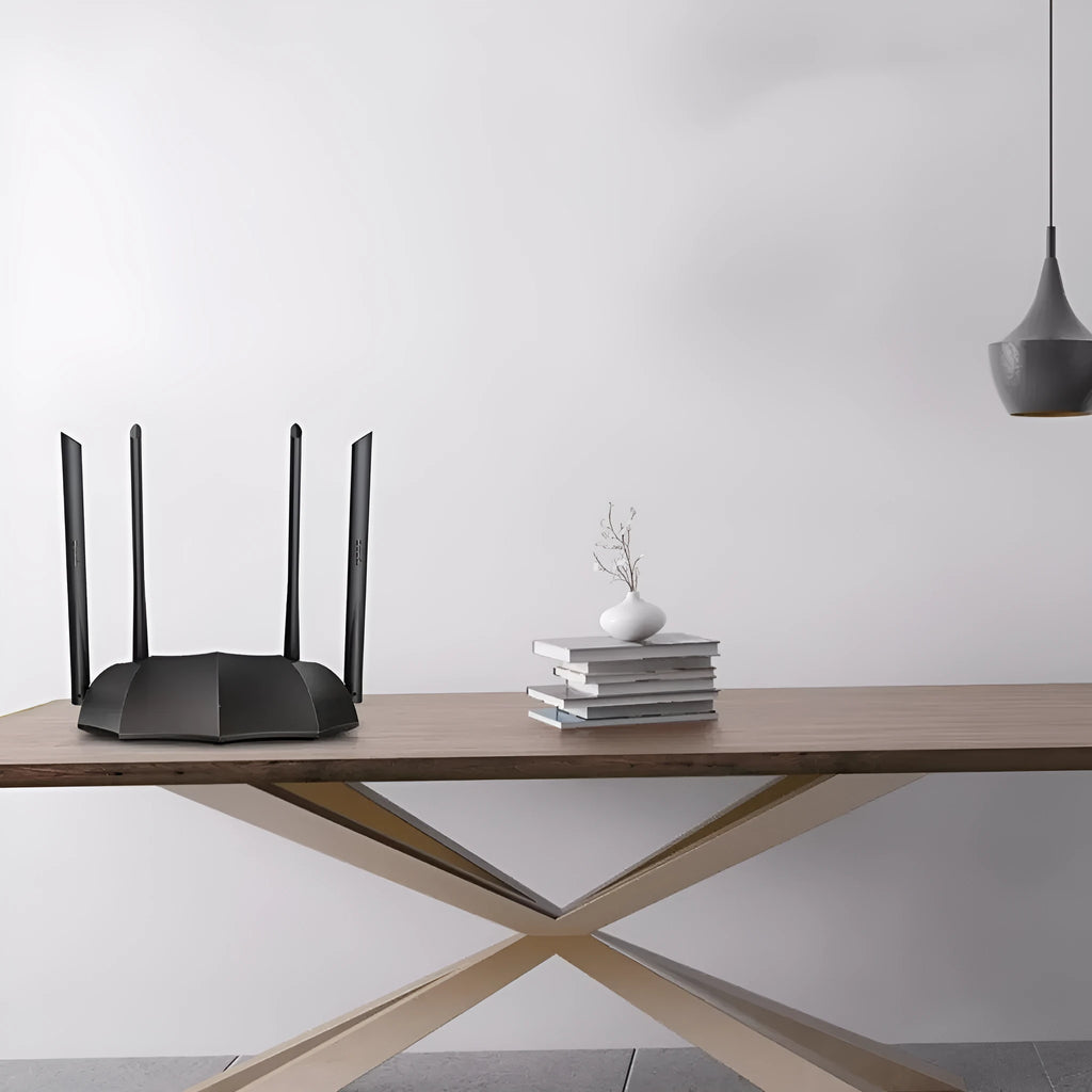Black AC8 gigabit dual-band wireless router showing three Ethernet ports on back panel