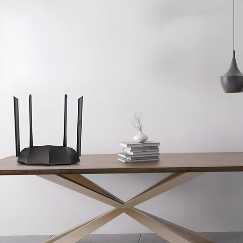 Black AC8 gigabit dual-band wireless router showing three Ethernet ports on back panel