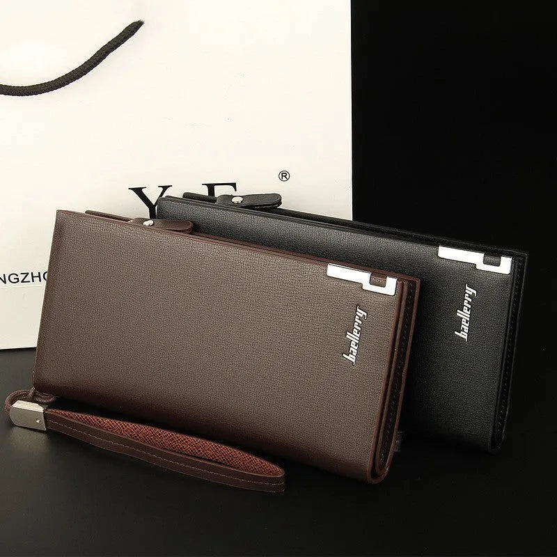 Men's long black PU leather wallet with a prominent silver zipper closure