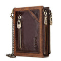 Dark brown men's genuine leather wallet with chain detail and RFID anti-theft protection.