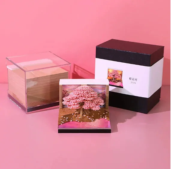 2026 desk calendar with 3D Cherry Tree paper sculpture on a desk, 8.5 x 8.5 x 6.4 cm
