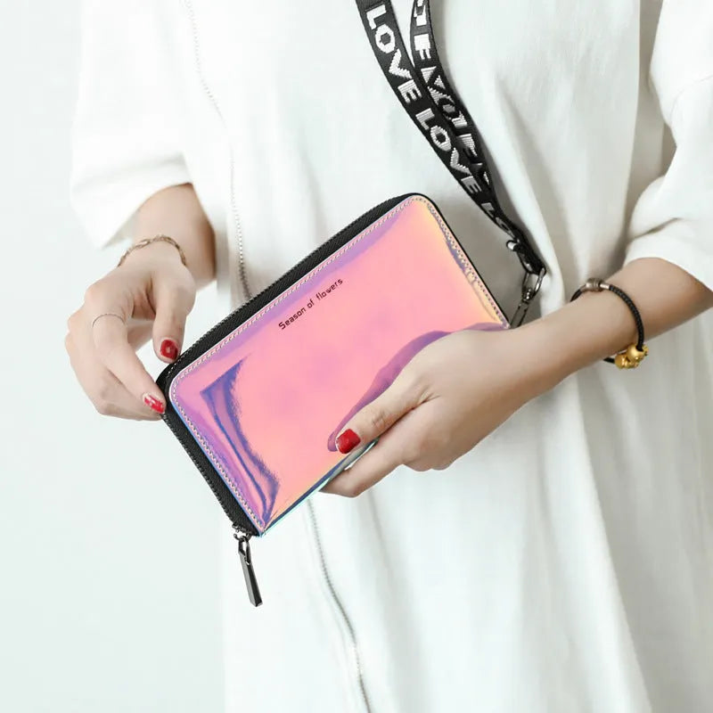 Short square bifold women's wallet in PU leather, shown in Magic Nail Glitter, Crystal Blue, and Symphony Green colours.