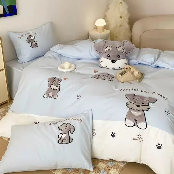 Cartoon Schnauzer dog pattern embroidered cotton bedding set with quilt cover, flat sheet, and pillowcases.