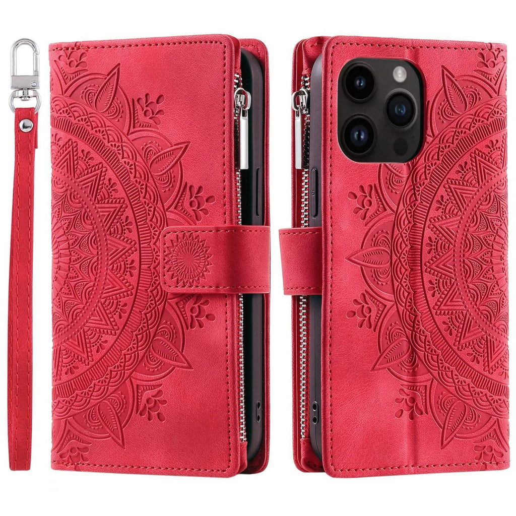 Multi-card embossed totem PU leather zipper bag phone case for iPhone, flip style, black, with card slots and zipper compartment.