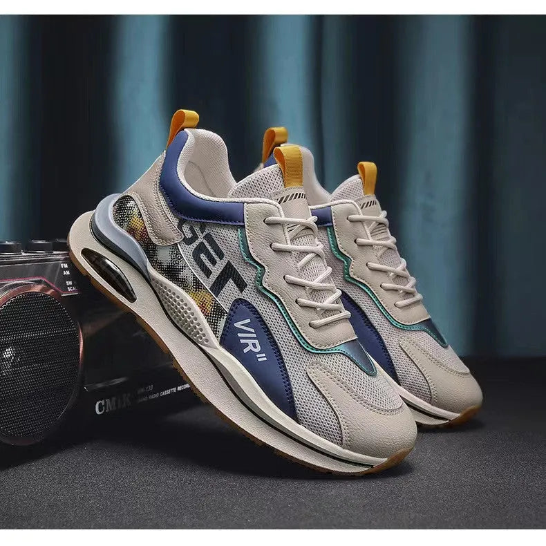 Air cushion mesh sneakers for men, lace up, breathable, non-slip rubber sole, round toe, flat heel, beige colour