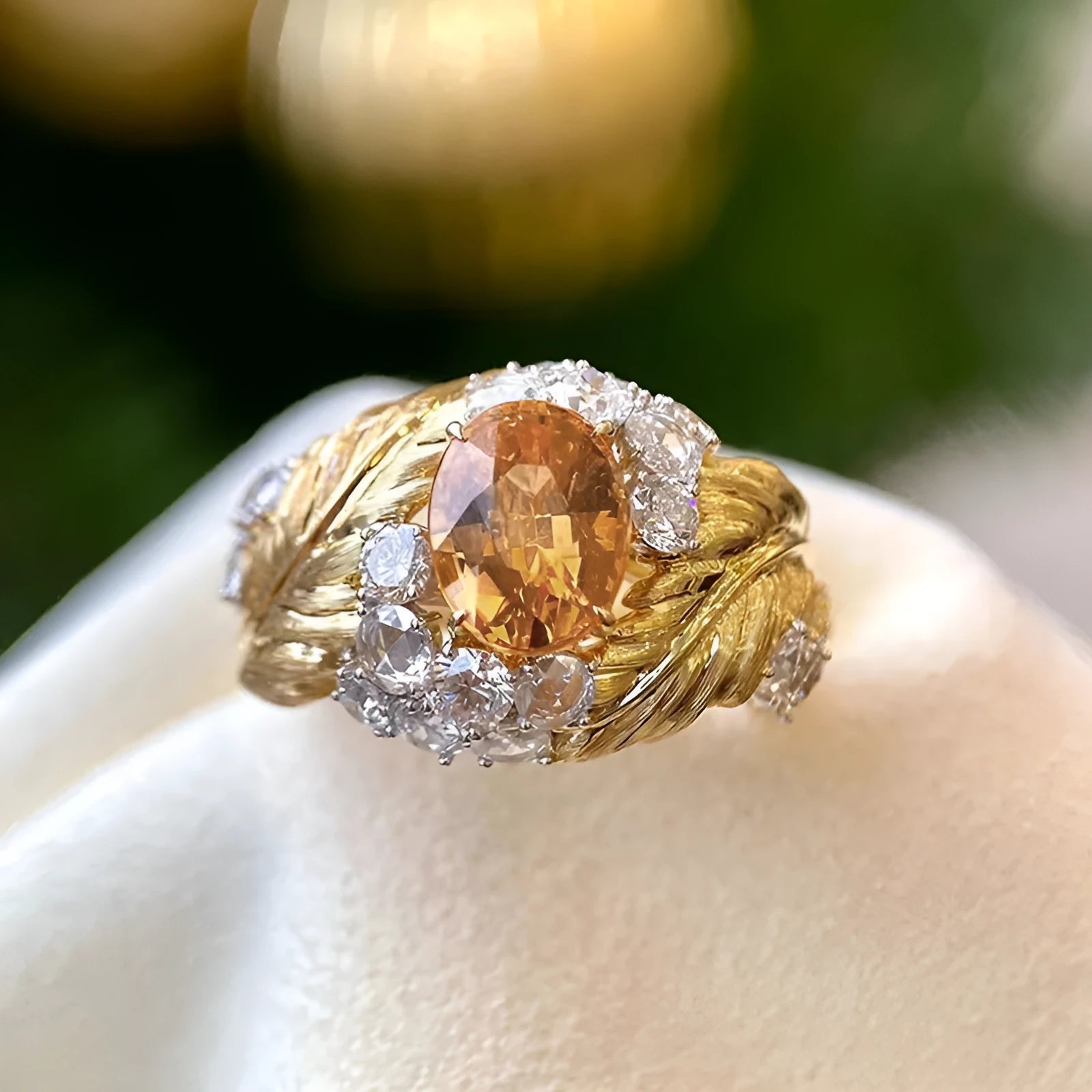 Copper feather embossed ring with yellow zircon stones, showing geometric design detail