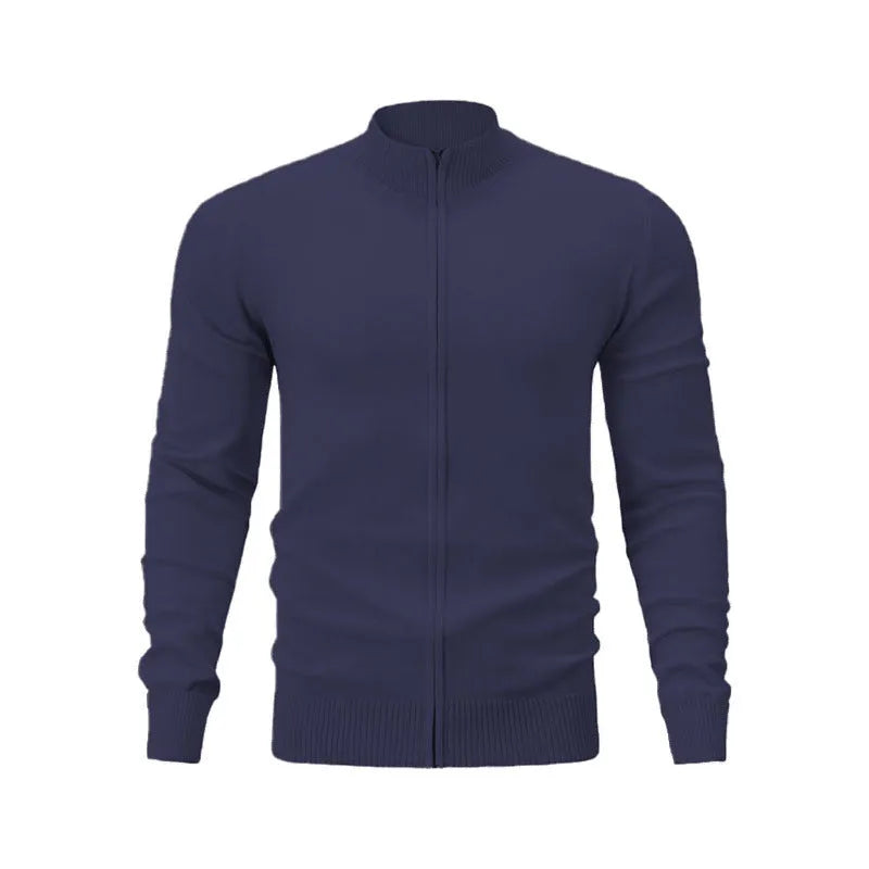 Casual stand collar zip-up sweater in a solid colour, shown on a model with a loose fit.