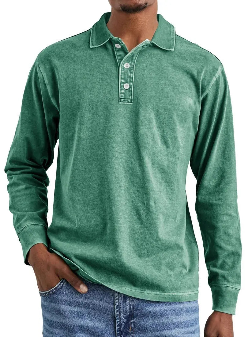 Men's retro washed distressed cotton long sleeve polo shirt with lapel collar in multiple colours