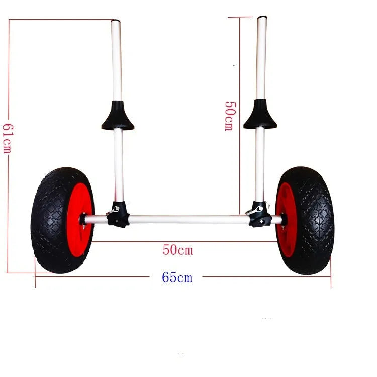 Foldable kayak trailer with aluminium frame and upright platform for transporting open kayaks