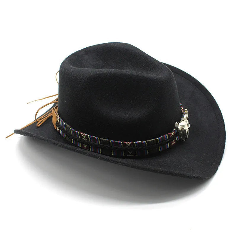 A wool felt western cowboy hat with a bell crown, shown in one of fourteen available colours including army green, black, or wine red.