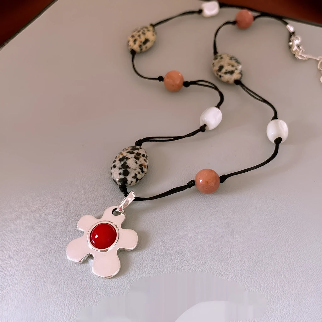 Ethnic flower pendant necklace with stone shell beads on alloy chain in silver black red colours