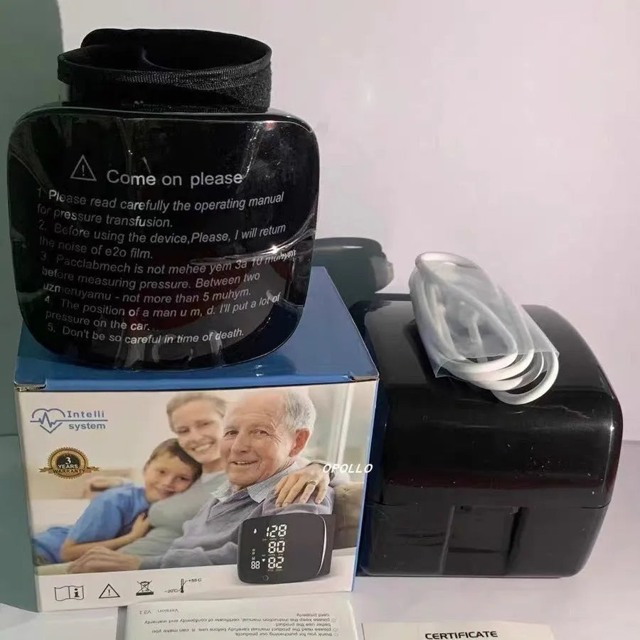 Black wrist sphygmomanometer blood pressure monitor with ABS plastic casing and USB power capability