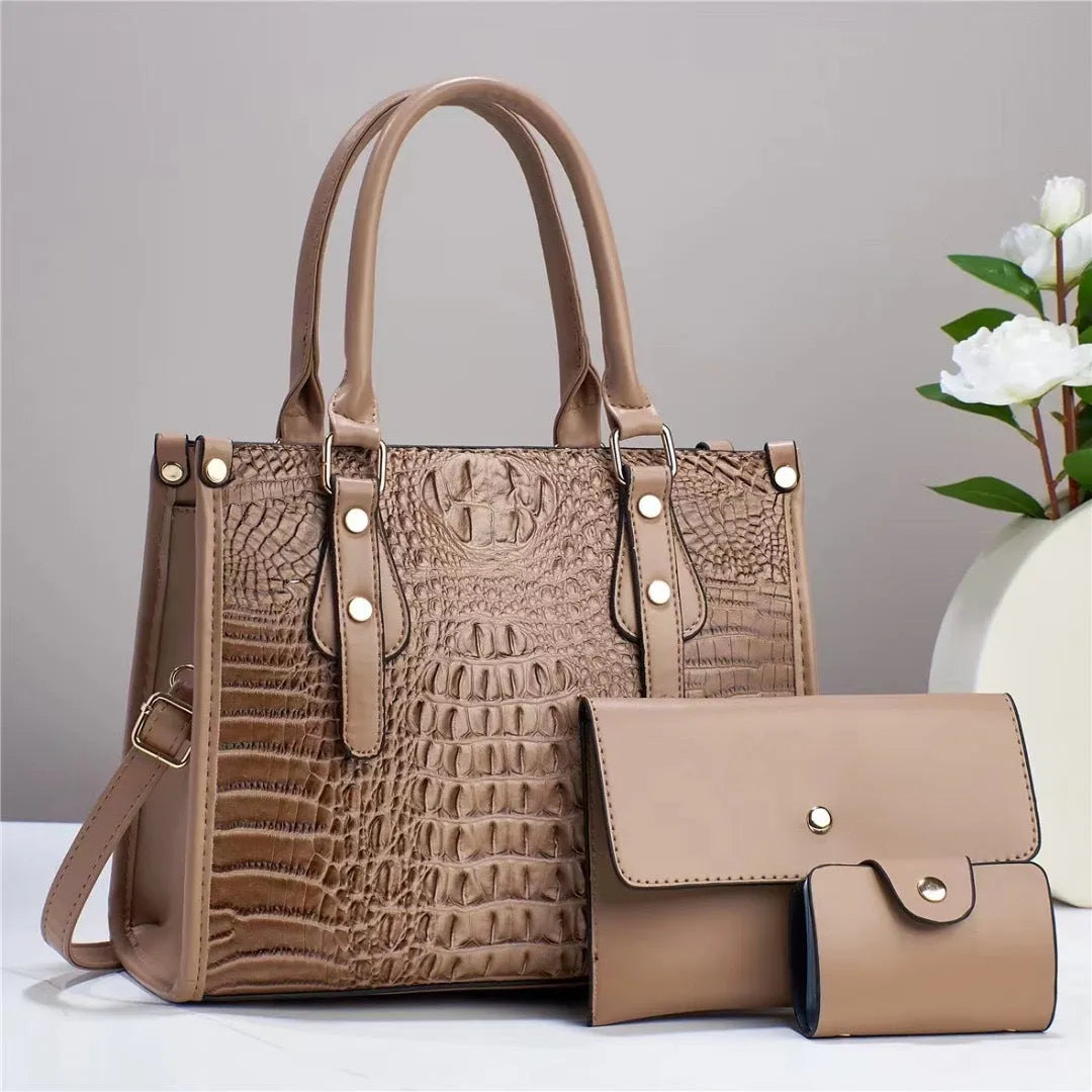 Women's three-piece PU leather crossbody bag set in chosen colour with wallet and card holder.