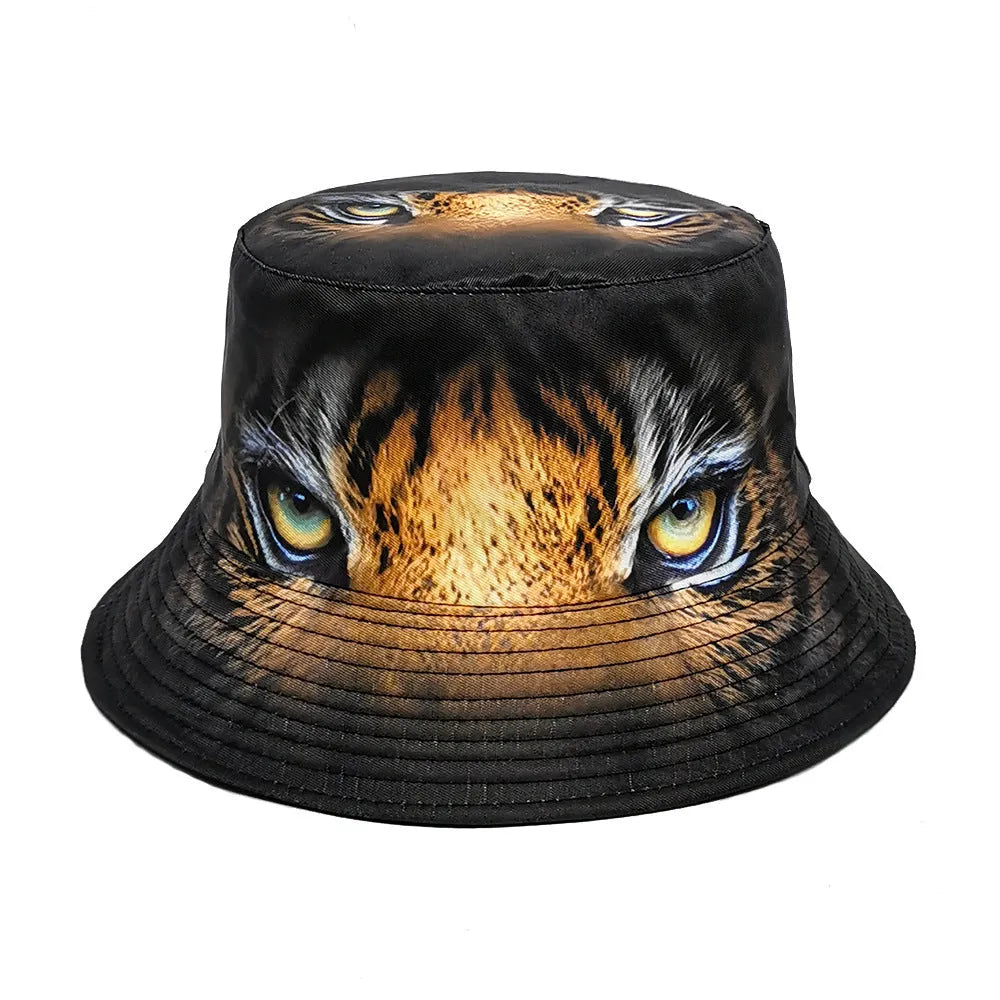 Tiger pattern polyester bucket hat in khaki or black with dome crown measuring 56-58cm