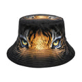 Tiger pattern polyester bucket hat in khaki or black with dome crown measuring 56-58cm