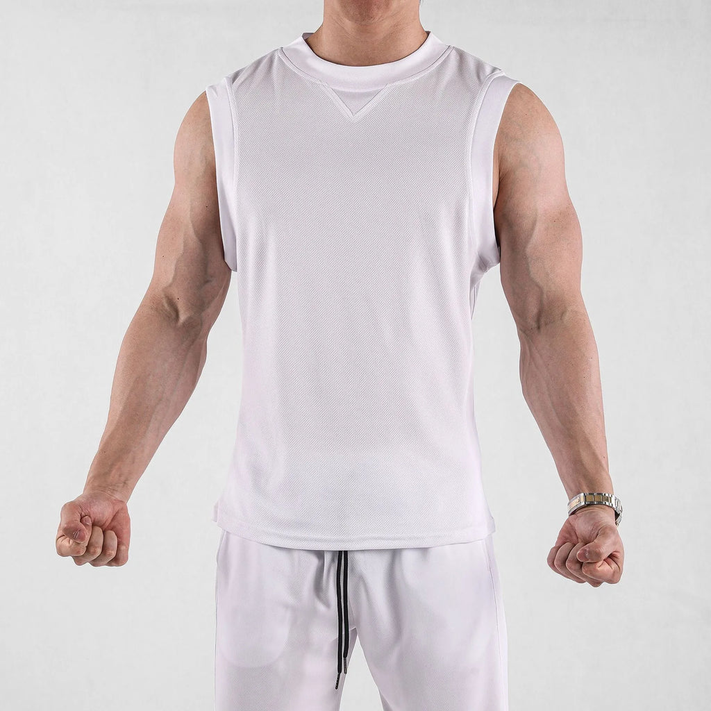 Men's loose fit sports vest in white or black, made from soft polyester blend fabric.