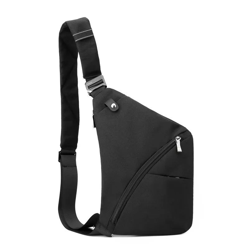 Men's black Oxford cloth chest bag worn on left shoulder with letter accent detail