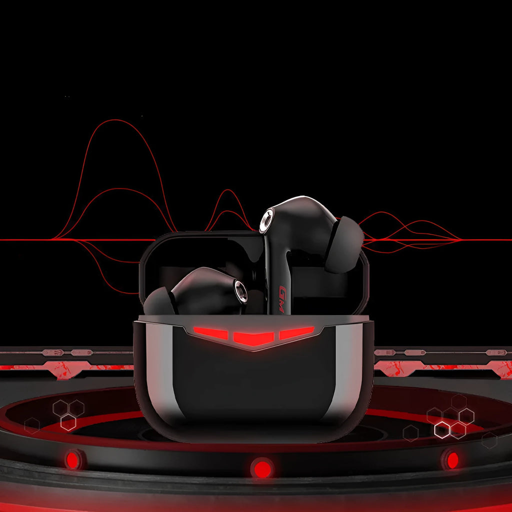 True wireless gaming earbuds in black, pink, white, and grey colours with charging case.