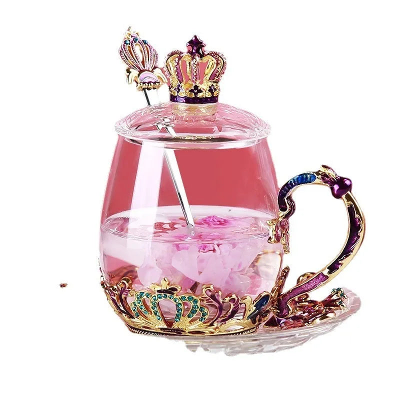 Heat-resistant glass tea cup set with enamel spoon, lid and plate in round shape, 301-400ml capacity
