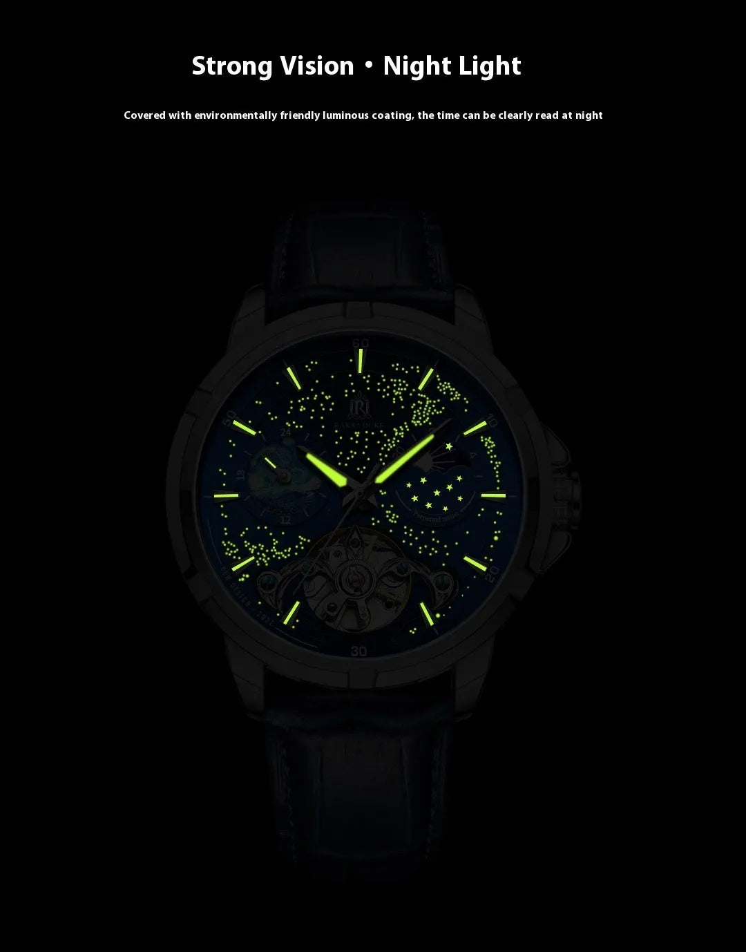 Men's automatic mechanical watch with blue dial and stainless steel case, 14mm thickness