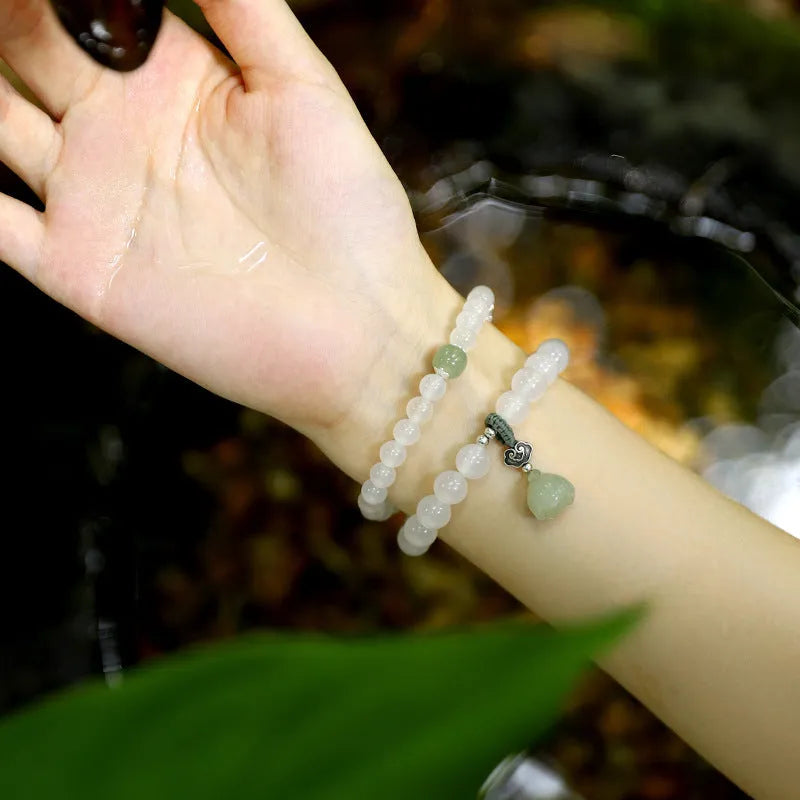 S925 silver bracelet with white agate and Hetian jade beads in geometric lotus design
