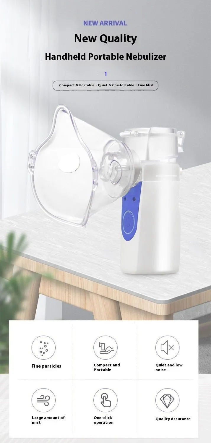A white columnar handheld USB nebuliser for quiet household drug atomisation.