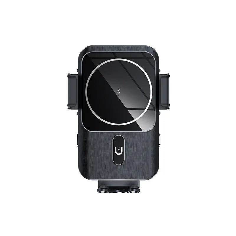 Black car wireless charger phone holder with 15W fast charging, shown with clip and suction cup mounting options.