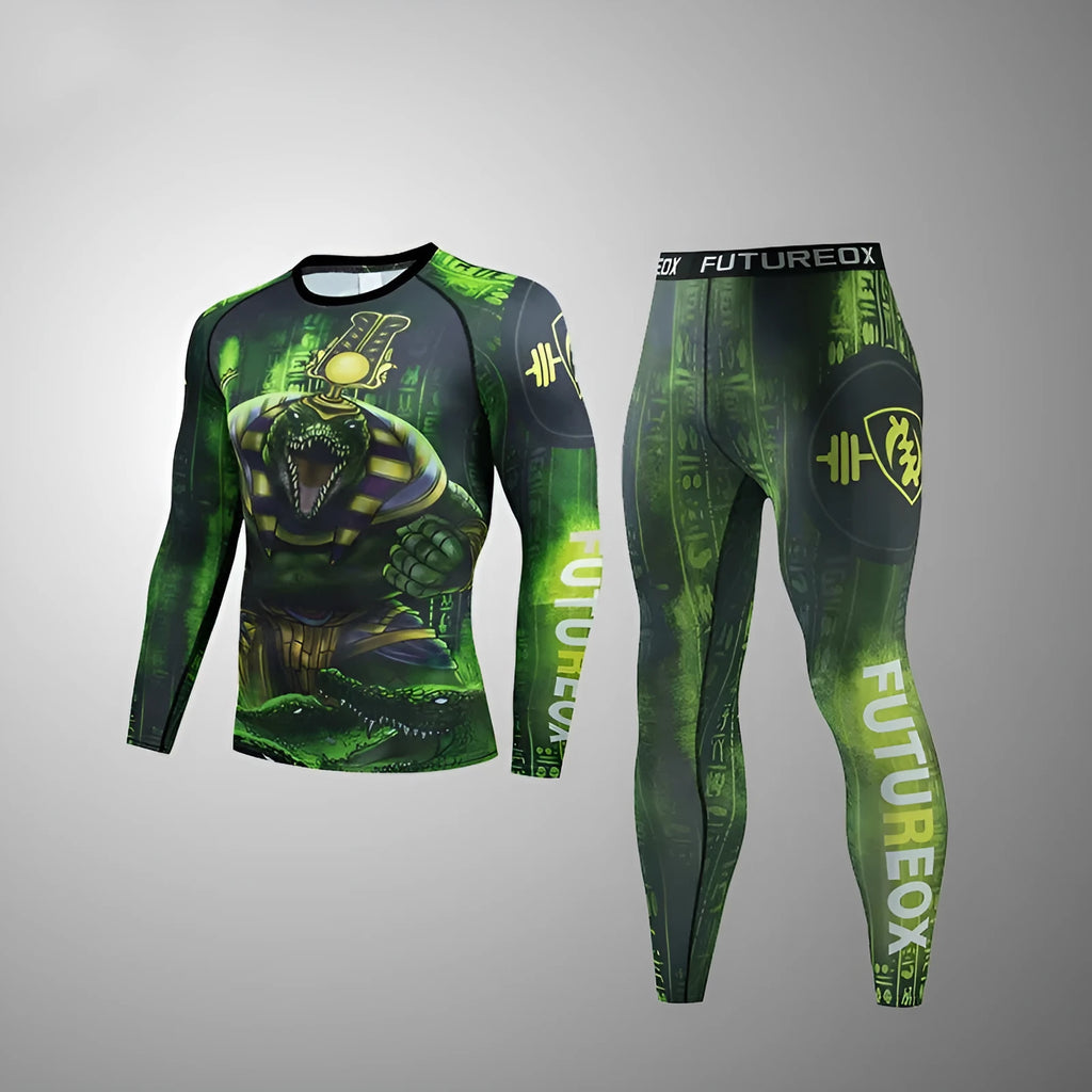 Man wearing a slim-fit, long-sleeve printed sports suit for running or fitness exercise.