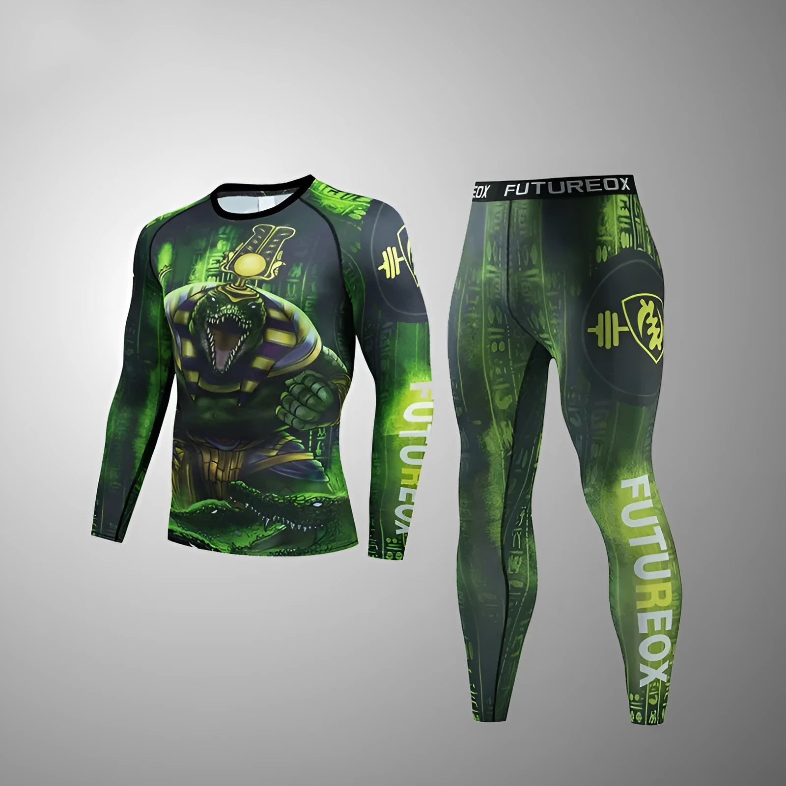 Man wearing a slim-fit, long-sleeve printed sports suit for running or fitness exercise.