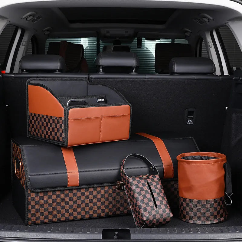 Retractable leather car bin showing folding design with carry handle for vehicle waste management