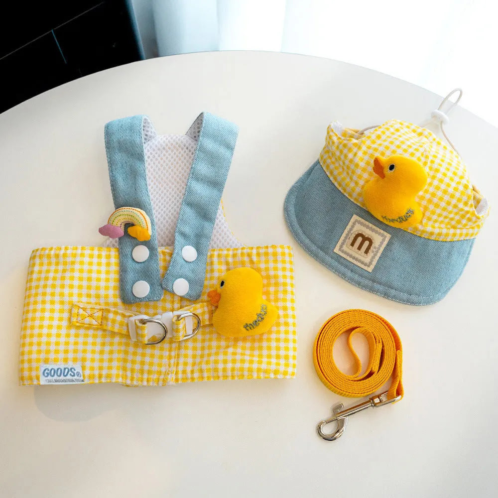 Three-piece summer cat clothes set with harness, leash, hat and rope accessories for outdoor pet safety