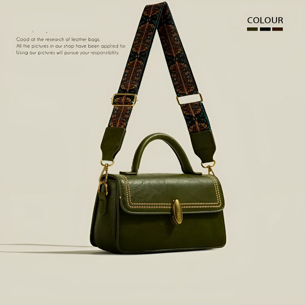 Brown retro women's messenger bag with sandwich pocket design and shoulder strap